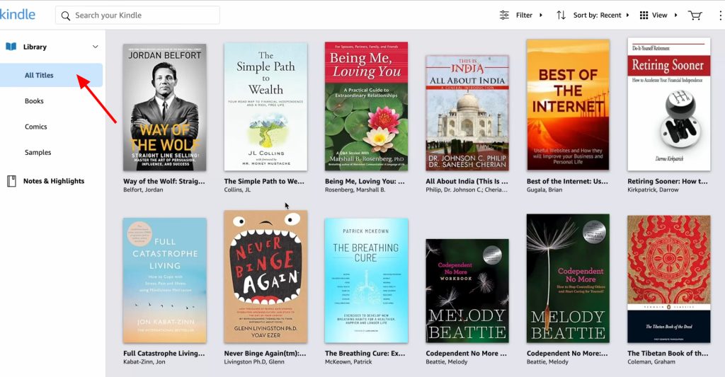 Kindle Cloud Reader Homepage Books display