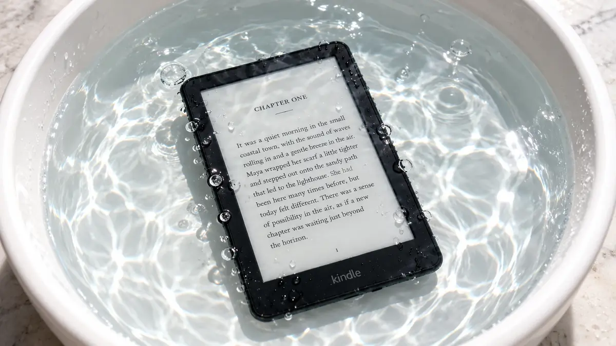 E-reader underwater in a bowl of fresh water, the kind of test behind an IPX8 rating