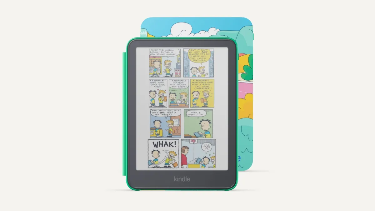 Kids Kindle with a kid-friendly cover showing a comic