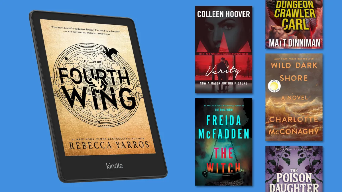 Kindle Paperwhite showing a book cover next to Kindle bestsellers