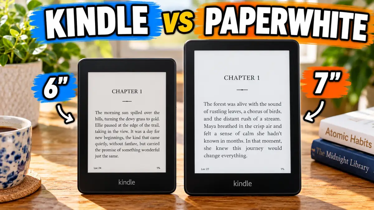 Kindle vs Paperwhite: the 6-inch basic Kindle next to the 7-inch Paperwhite