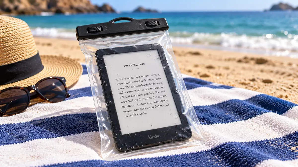 Kindle in a clear waterproof pouch on a beach towel