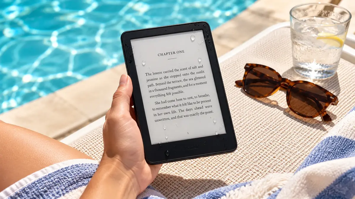 Reading a waterproof e-reader with water drops on the screen by a pool